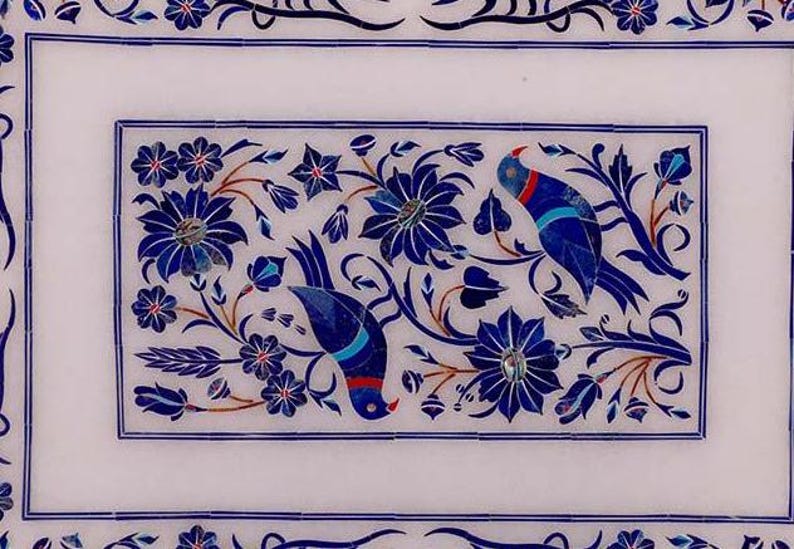 Handcrafted Marble Inlay Decorative Box with Intricate Bird and Floral Pattern in Blue and Red