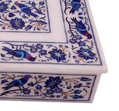 Handcrafted Marble Inlay Decorative Box with Intricate Bird and Floral Pattern in Blue and Red