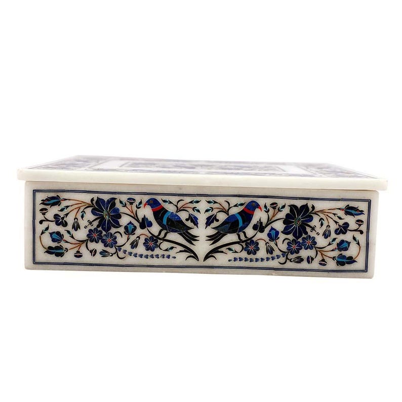 Handcrafted Marble Inlay Decorative Box with Intricate Bird and Floral Pattern in Blue and Red