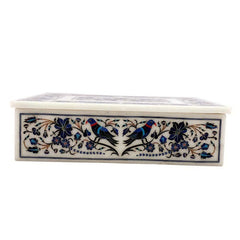 Handcrafted Marble Inlay Decorative Box with Intricate Bird and Floral Pattern in Blue and Red