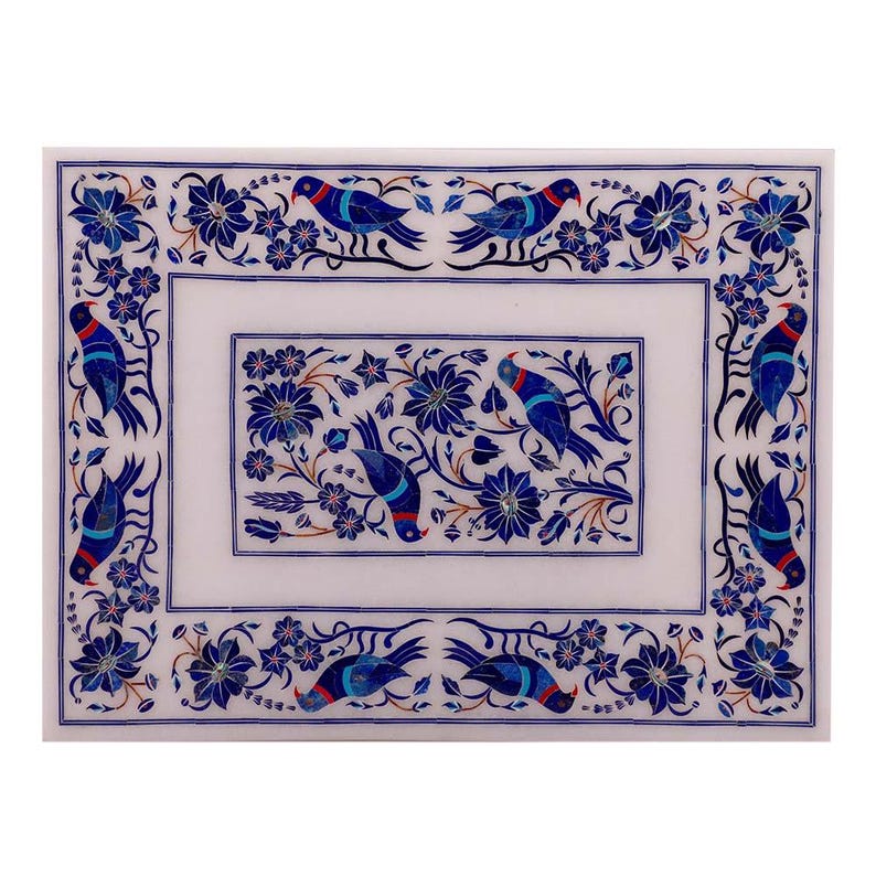 Handcrafted Marble Inlay Decorative Box with Intricate Bird and Floral Pattern in Blue and Red