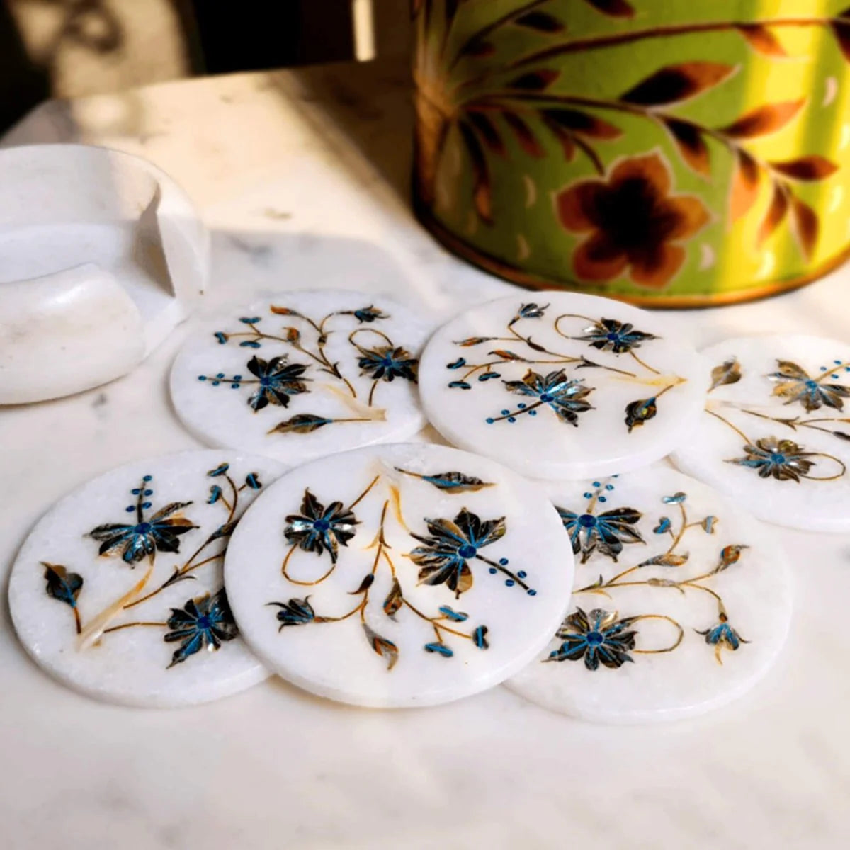 Exquisite White Marble Coaster Set with Floral Mother-of-Pearl Inlay and Holder