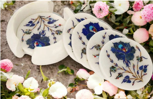 Floral Elegance Exquisite Inlaid Coaster Set Amidst Blooming Garden