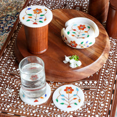 Heritage Blossoms Traditional Hand-Inlaid Marble Coasters on Rich Wooden Tray