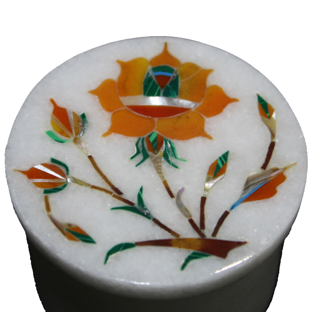 Handmade White Marble Ring Box Inlaid Carnelian Gemstone