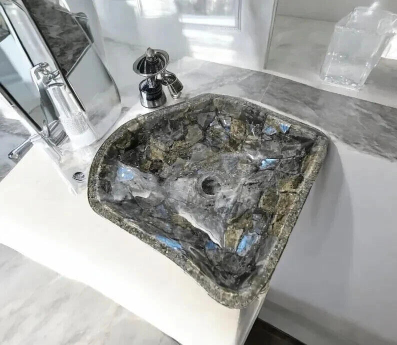 Handcrafted Labradorite Gemstone Bathroom Sink Irregular Square Polished Stone Vessel Basin Unique Natural Crystal Vanity Bowl