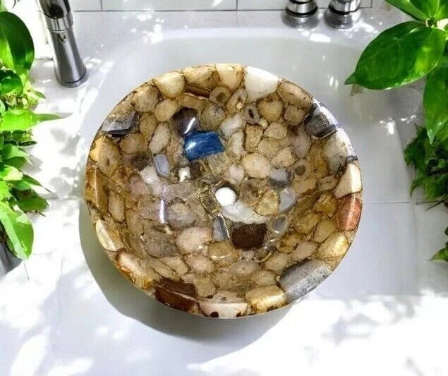 Handcrafted Multi-Stone Gemstone Vessel Sink Natural Polished Pebble Wash Basin for Luxury Bathrooms