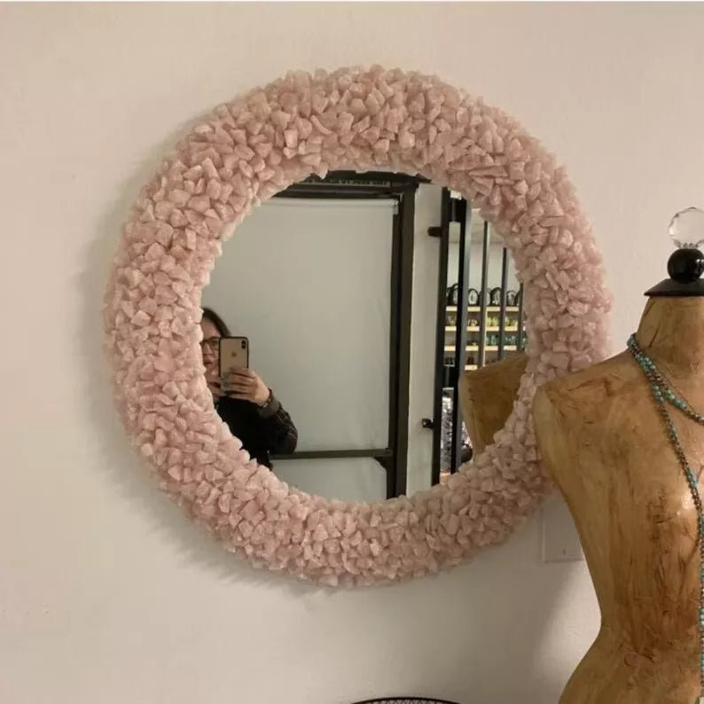 Luxurious Round Decorative Mirror with Soft Pink Crystal-Inspired Textured Frame for Modern and Chic Interiors