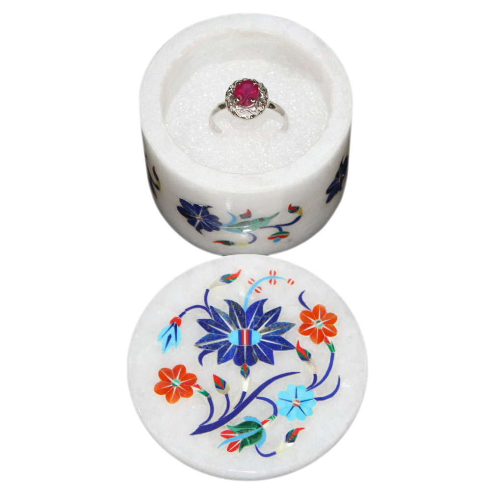 Elegant White Marble Jewelry Box with Colorful Floral Inlay Design for Decorative Storage